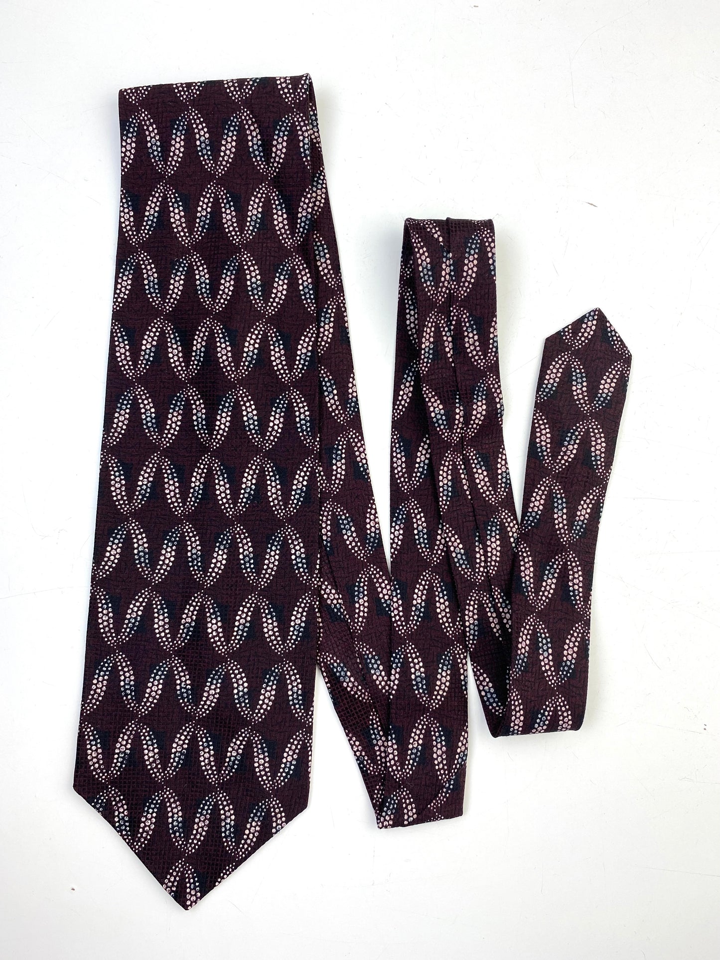 90s Deadstock Silk Necktie, Men's Vintage Wine Micro Dot Wave Pattern Tie, NOS