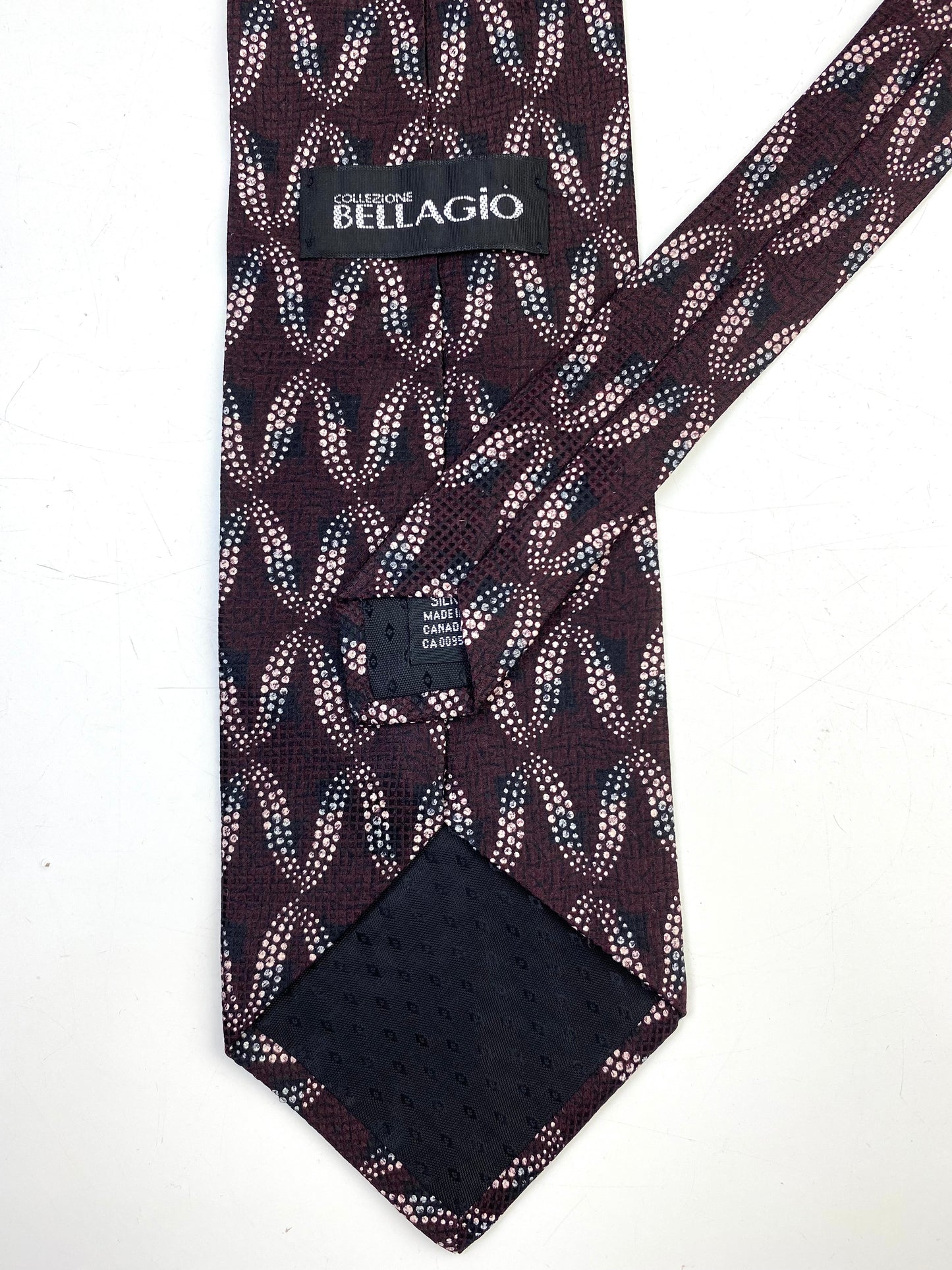 90s Deadstock Silk Necktie, Men's Vintage Wine Micro Dot Wave Pattern Tie, NOS