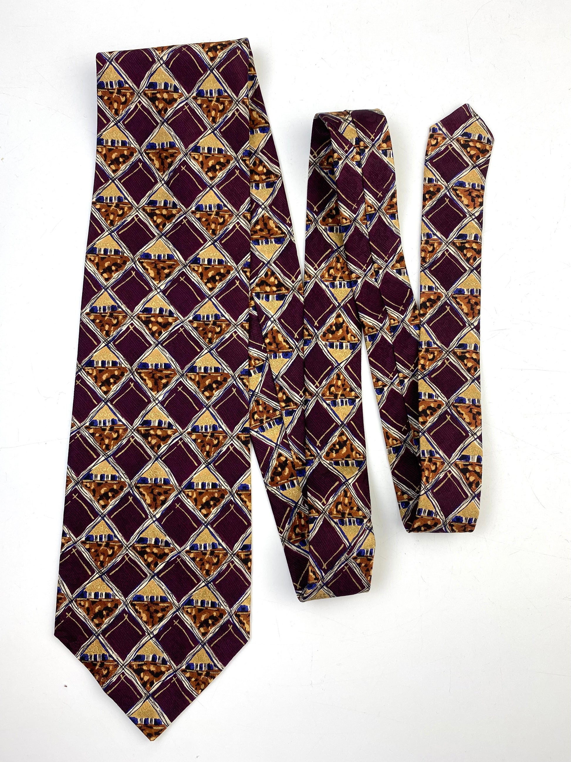 90s Deadstock Silk Necktie, Vintage Plum/ Gold Check Pattern Tie, NOS