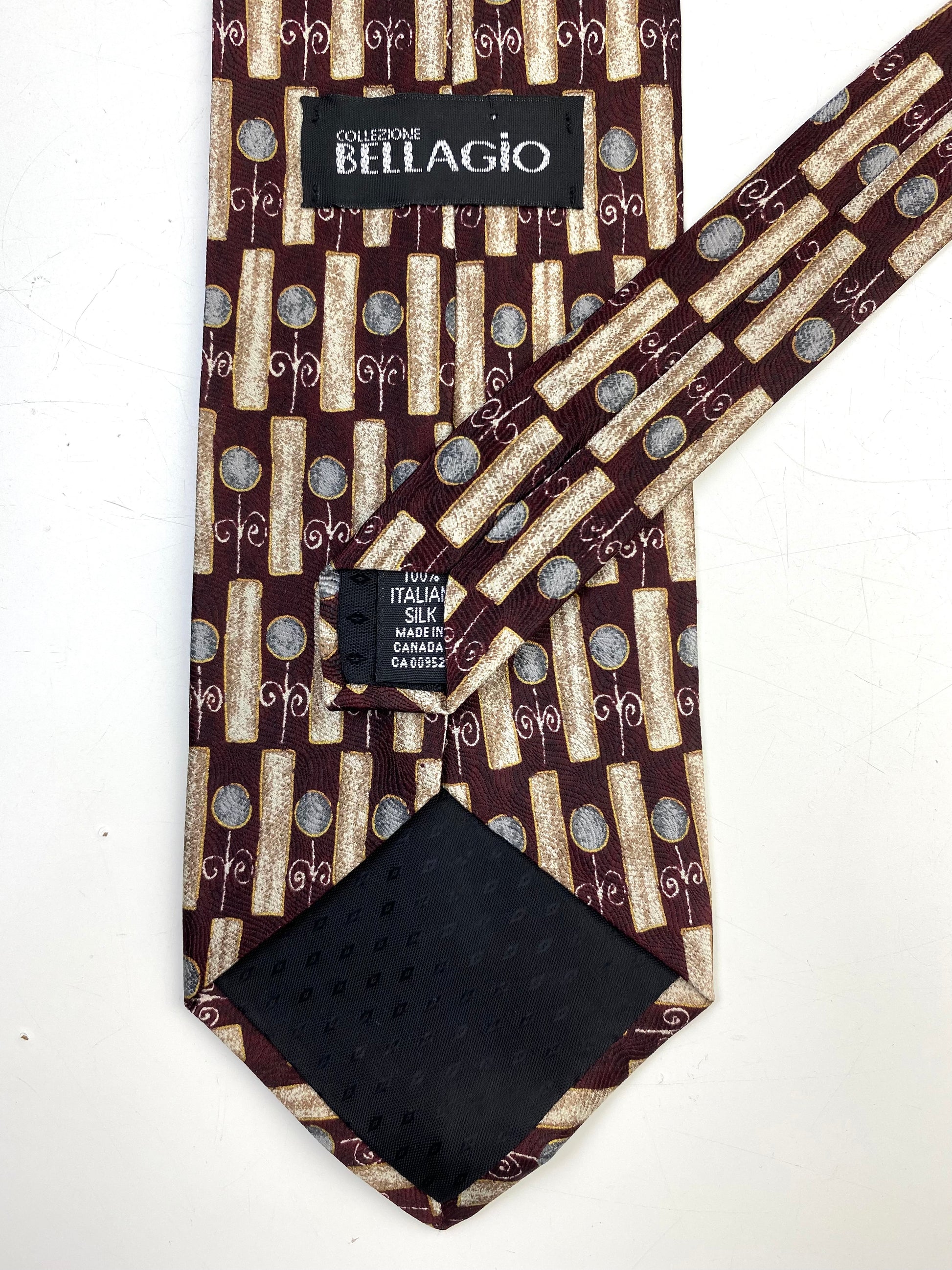 90s Deadstock Silk Necktie, Vintage Wine Gold Geometric Pattern Tie, NOS