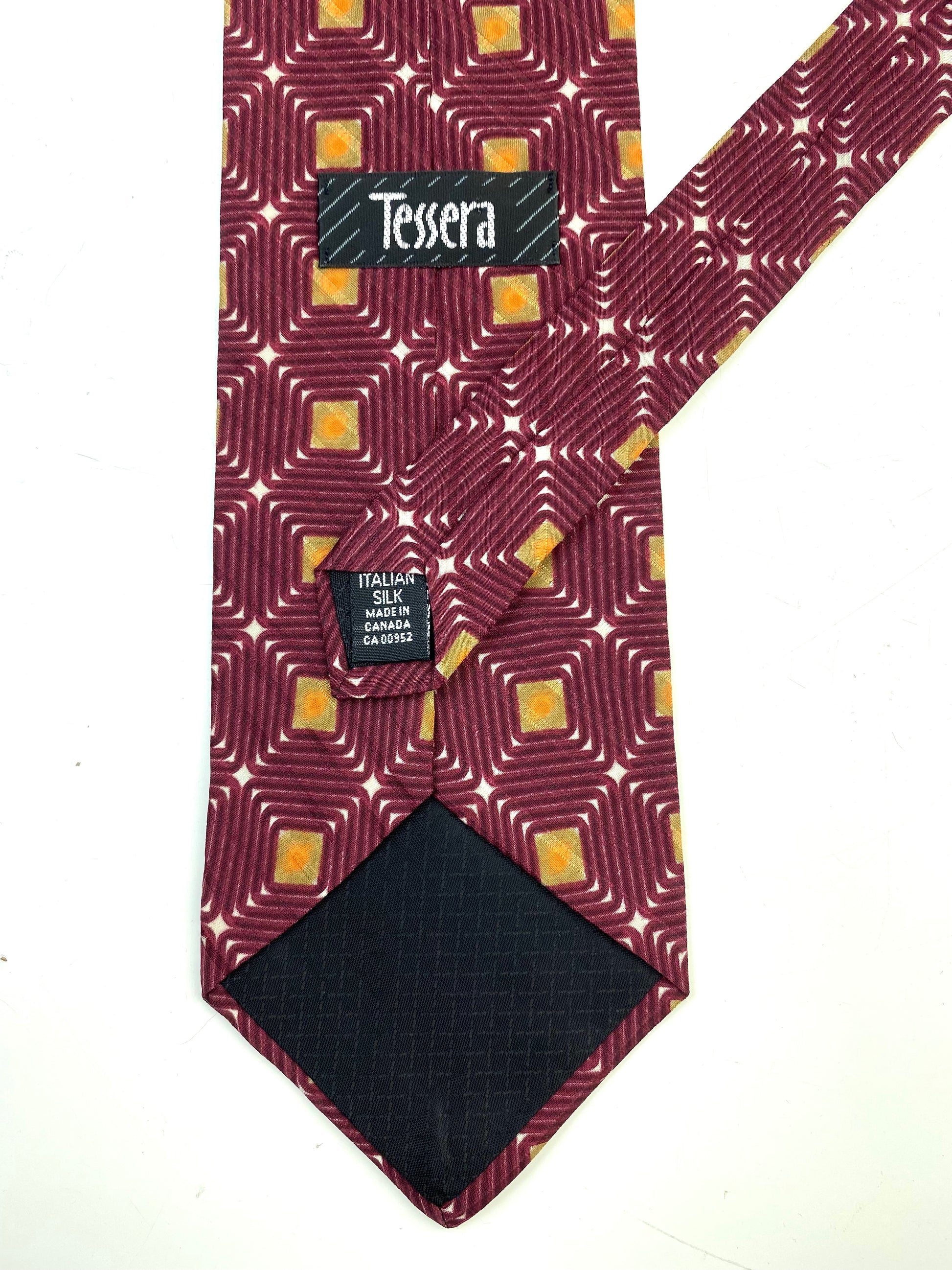 90s Deadstock Silk Necktie, Men's Vintage Burgundy Geometric Pattern Tie, NOS