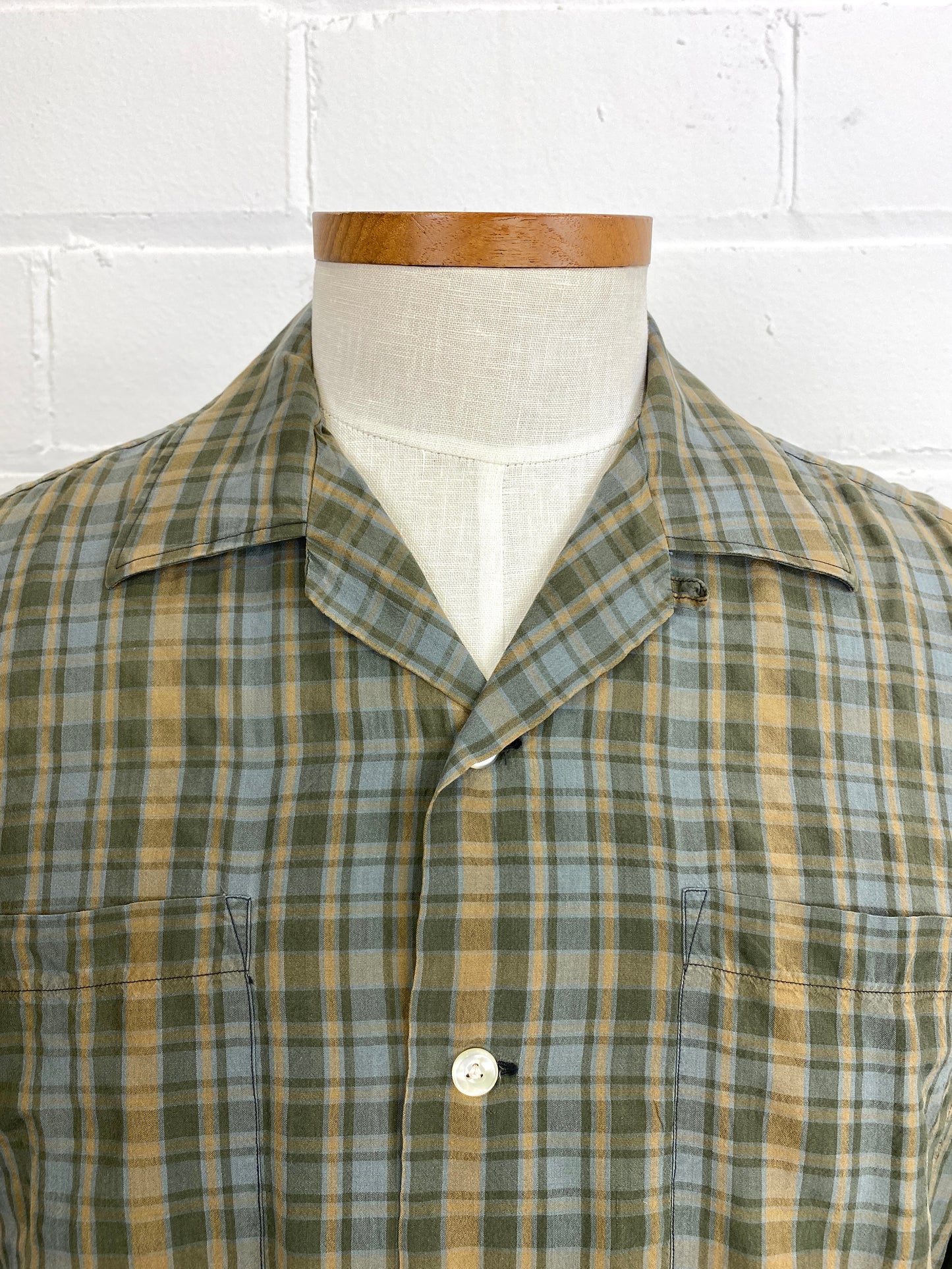 Vintage 1960s Green Plaid Silk Shirt, 16"