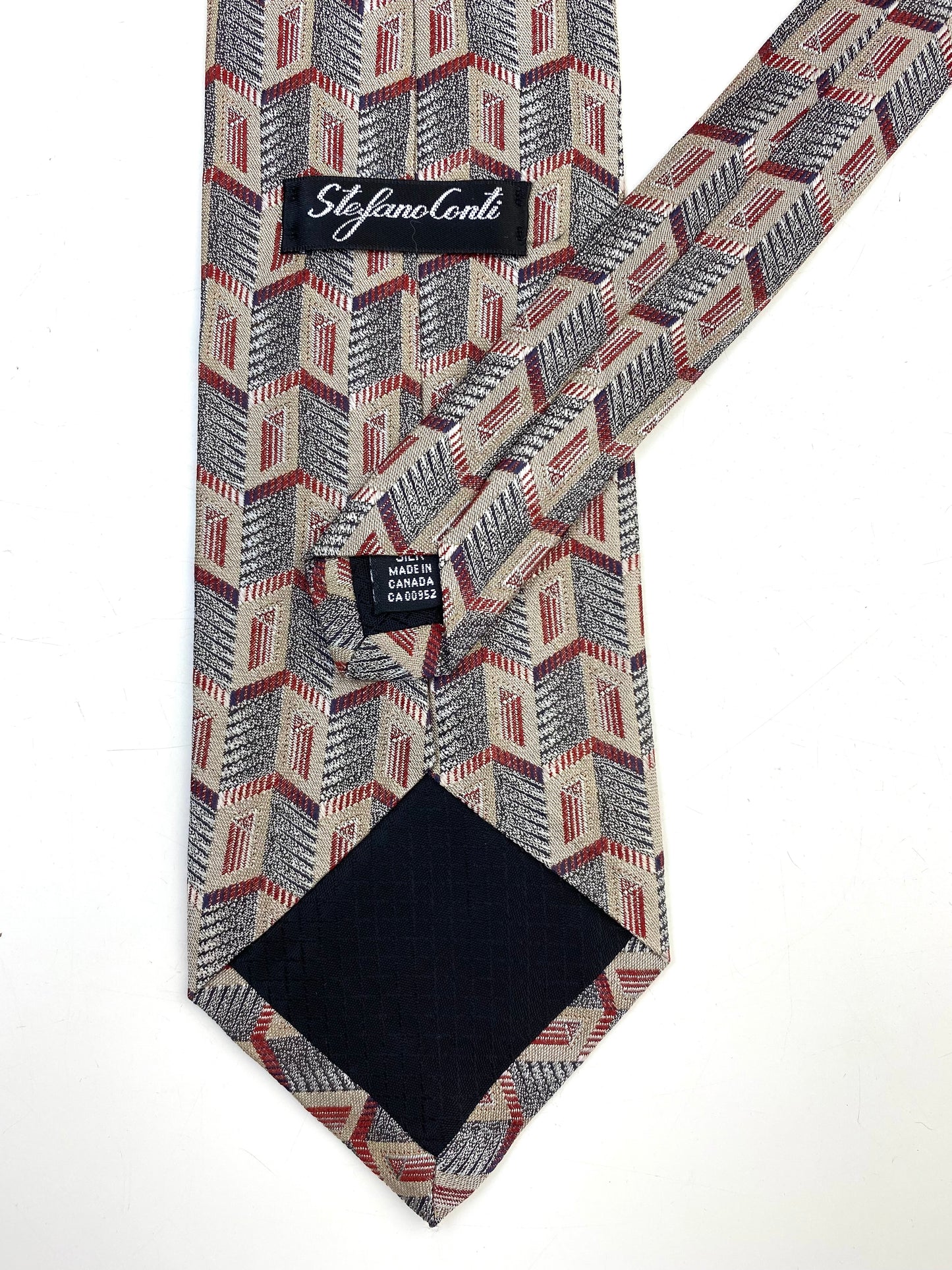 90s Deadstock Silk Necktie, Men's Vintage Wine Grey Geometric Pattern Tie, NOS