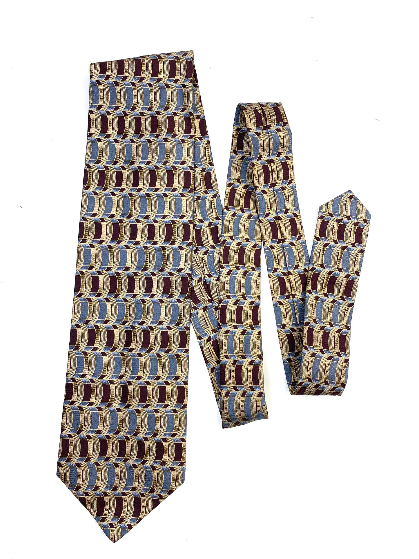 90s Deadstock Silk Necktie, Vintage Wine Blue Gold Geometric Pattern Tie, NOS