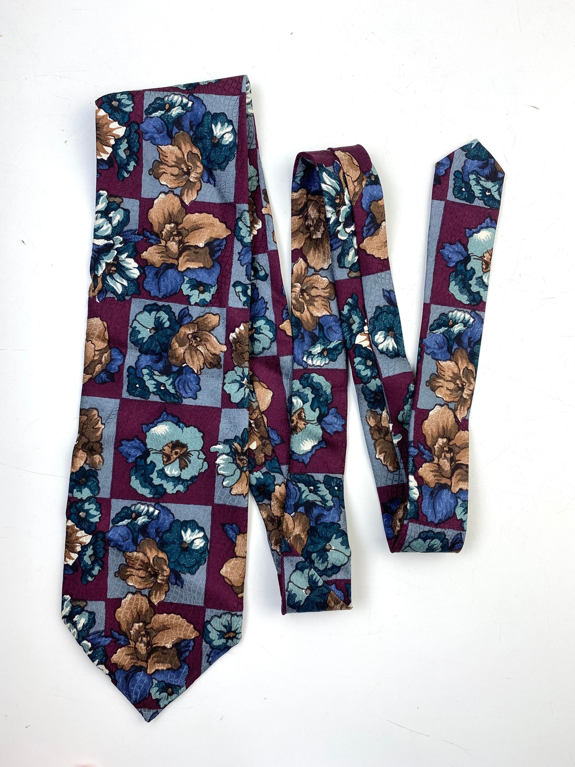 90s Deadstock Silk Necktie, Vintage Plum/ Blue Floral Pattern Tie, NOS