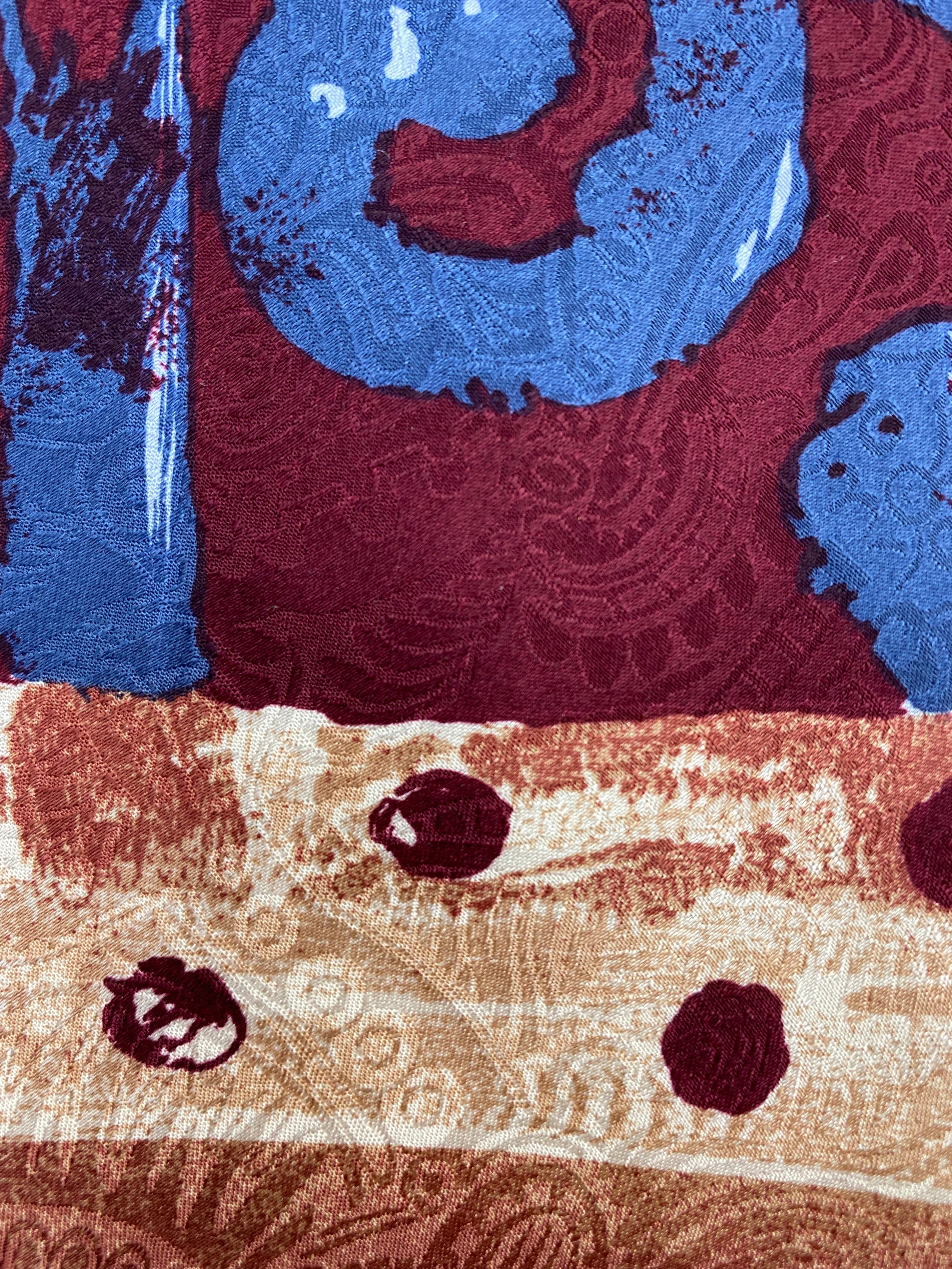 90s Deadstock Silk Necktie, Vintage Wine/ Blue/ Copper Abstract Pattern Tie, NOS