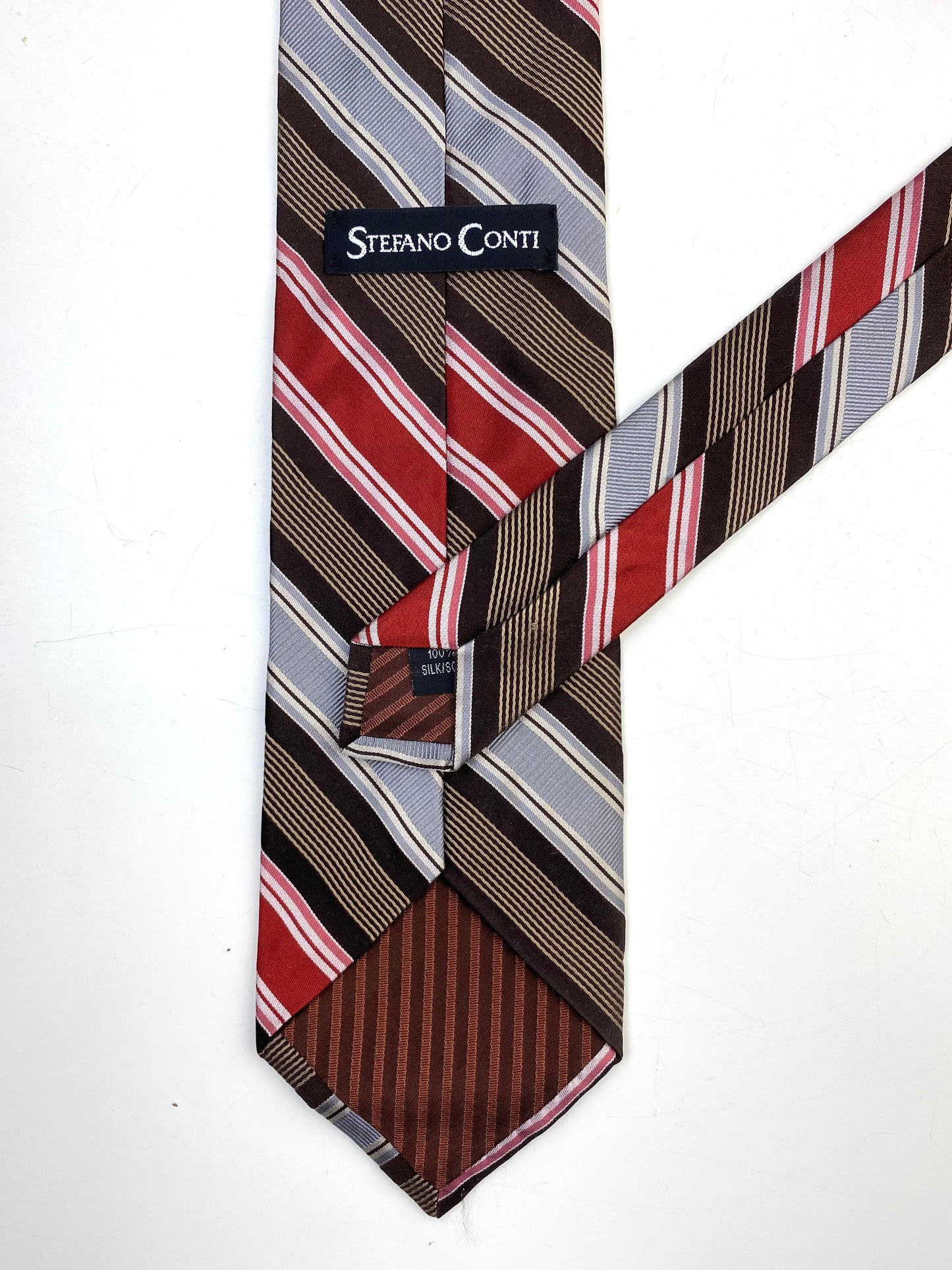 90s Deadstock Silk Necktie, Vintage Wine/ Brown/ Blue Diagonal Stripe Pattern Tie, NOS