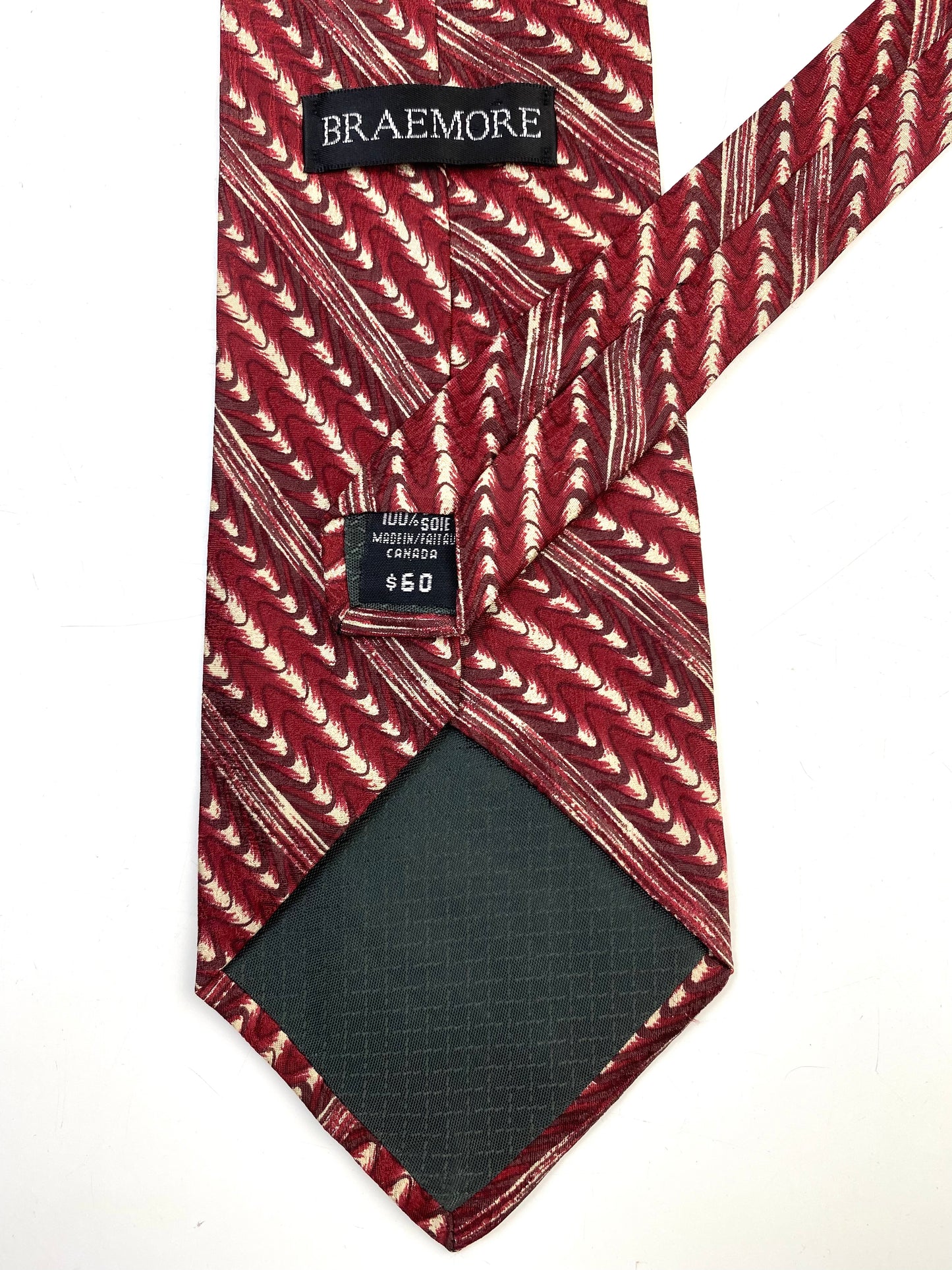 90s Deadstock Silk Necktie, Vintage Wine Diagonal Stripe Waves Pattern Tie, NOS