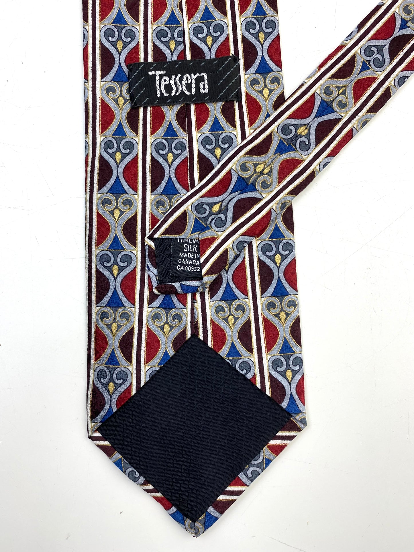 90s Deadstock Silk Necktie, Vintage Wine/ Blue Geometric Pattern Tie, NOS