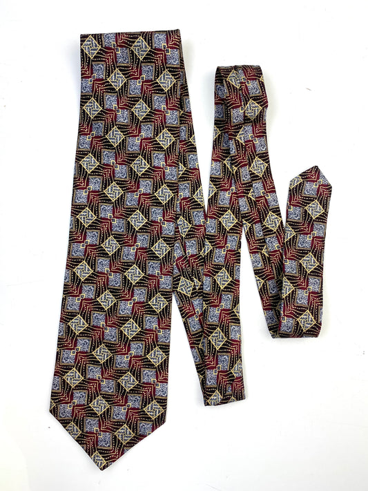 90s Deadstock Silk Necktie, Men's Vintage Wine/ Gold Geometric Print Tie, NOS