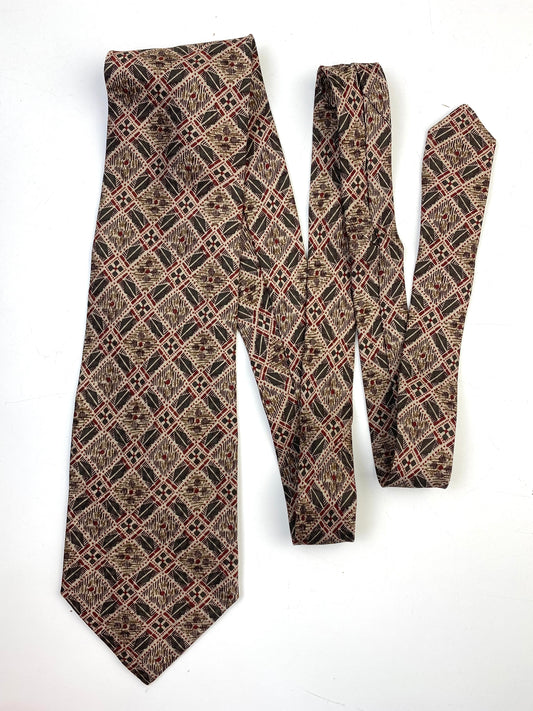 90s Deadstock Silk Necktie, Men's Vintage Green/ Wine Check Pattern Tie, NOS