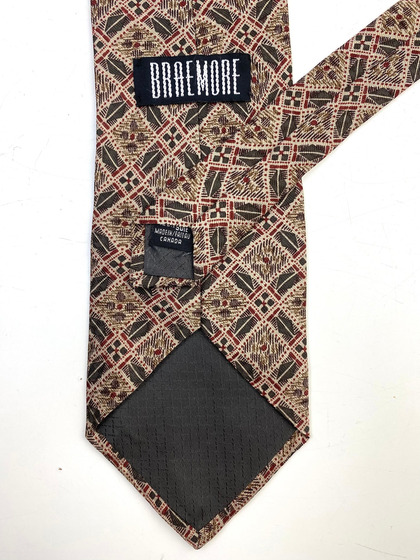 90s Deadstock Silk Necktie, Men's Vintage Green/ Wine Check Pattern Tie, NOS