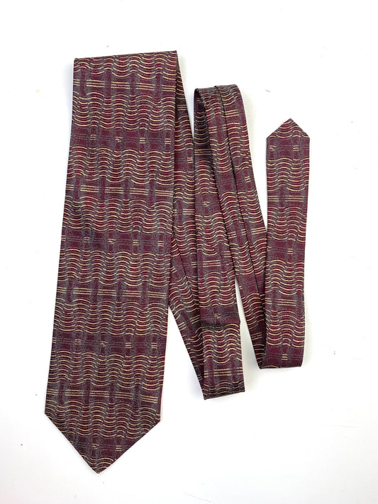 90s Deadstock Silk Necktie, Men's Vintage Wine/ Gold Wave Pattern Tie, NOS