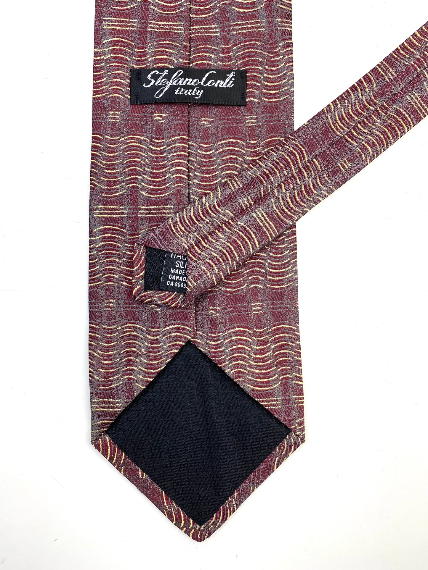 90s Deadstock Silk Necktie, Men's Vintage Wine/ Gold Wave Pattern Tie, NOS