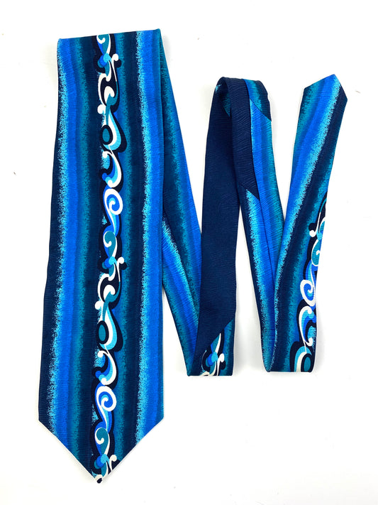 Front of: 90s Deadstock Silk Necktie, Men's Vintage Teal Blue Abstract Wave Pattern Tie, NOS