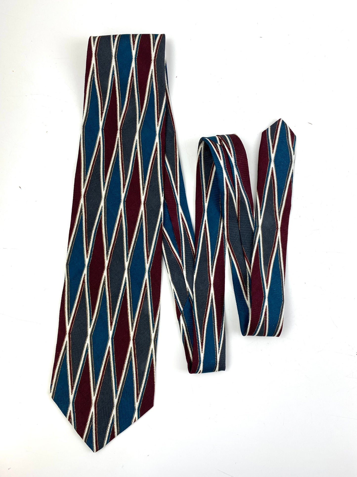 Front of: 90s Deadstock Silk Necktie, Men's Vintage Teal/ Maroon/ Grey Diamond Harlequin Pattern Tie, NOS