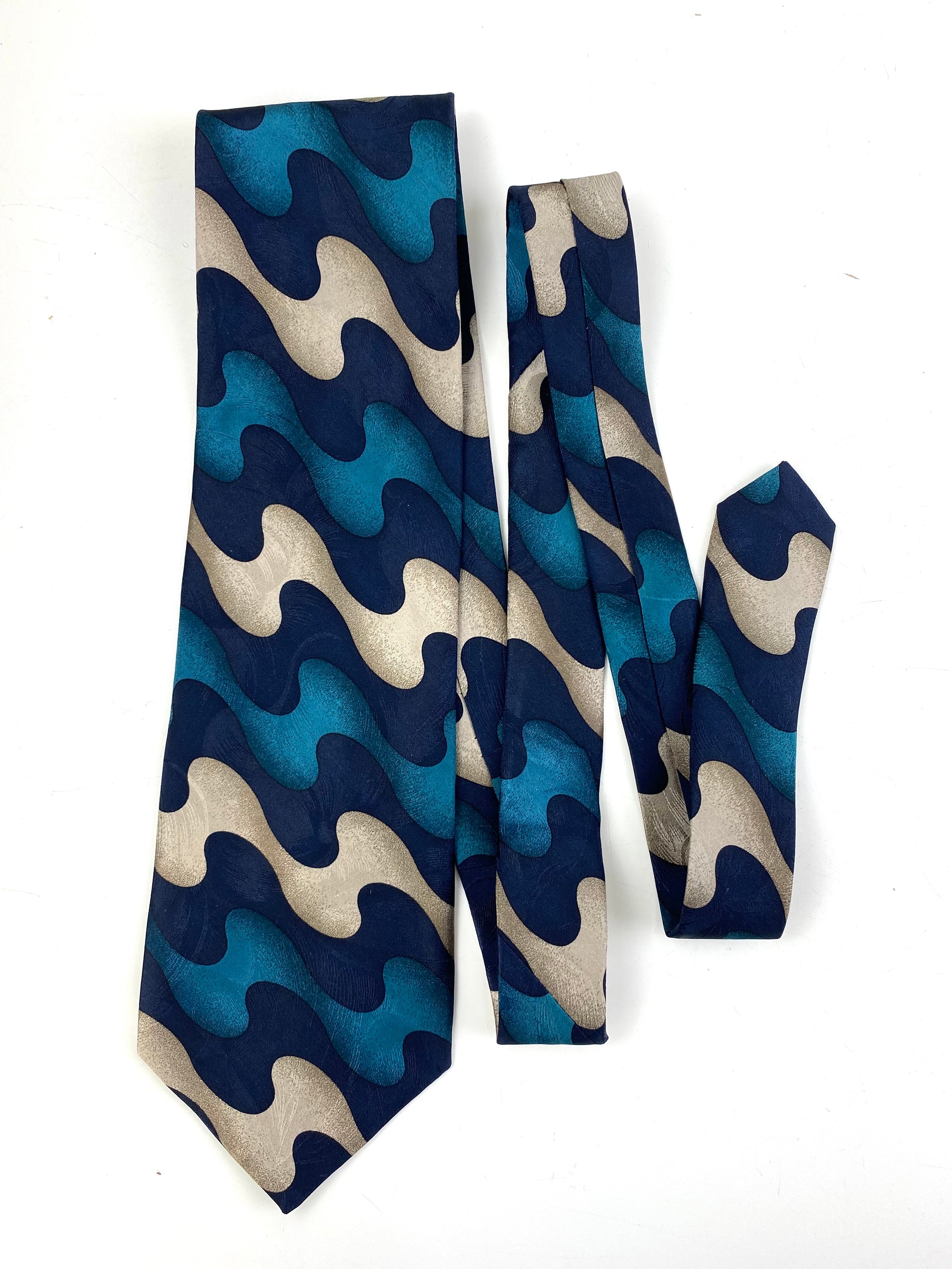 Front of: 90s Deadstock Silk Necktie, Men's Vintage Teal/ Navy/ Beige Abstract Pattern Tie, NOS