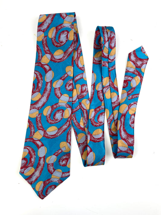 Front of: 90s Deadstock Necktie, Men's Vintage Teal/ Red/ Yellow Swirl Dot Pattern Tie, NOS