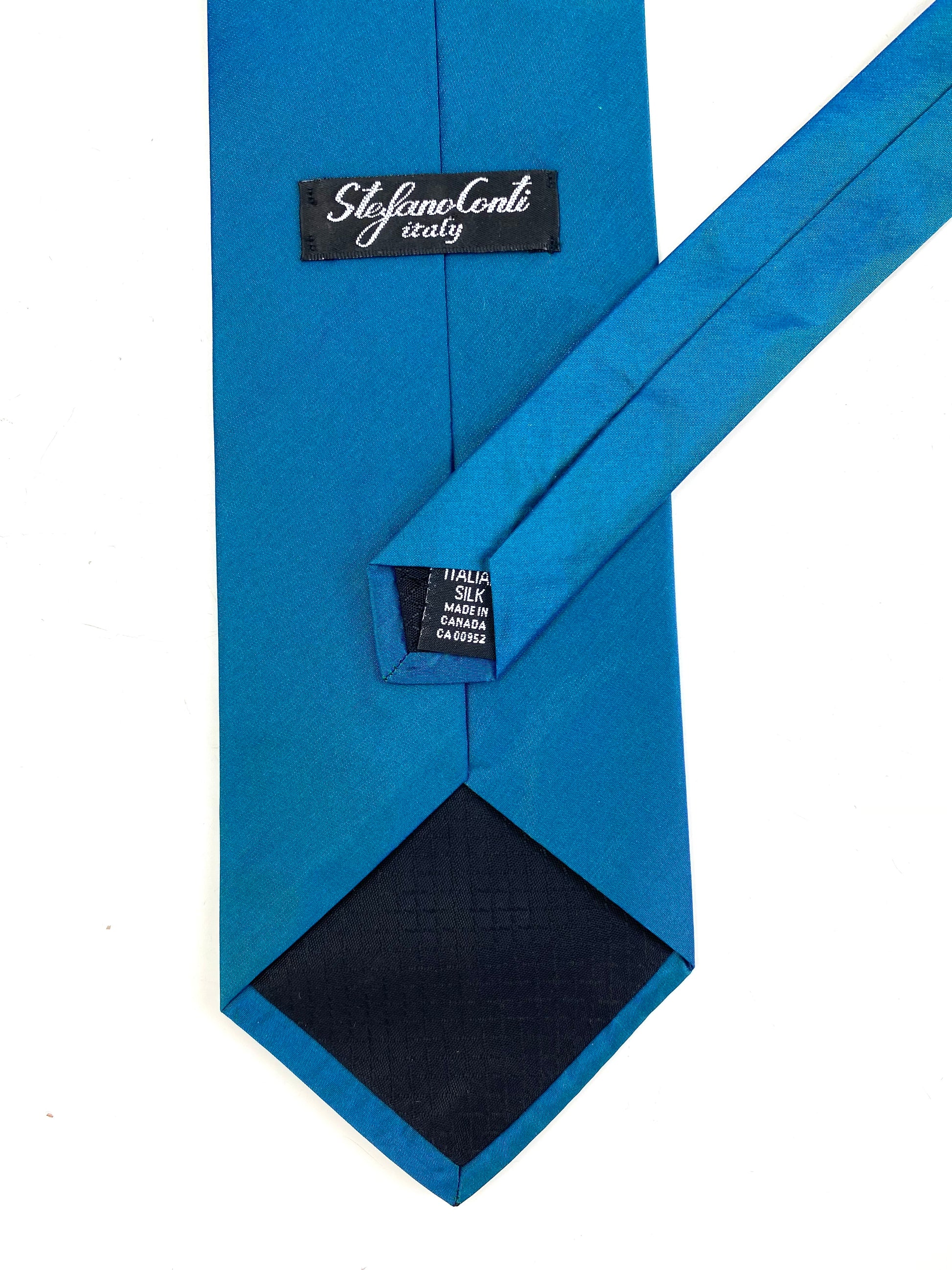 Back and labels of: 90s Deadstock Silk Necktie, Men's Vintage Solid Teal Tie, NOS