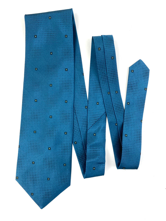 Front of: 90s Deadstock Silk Necktie, Men's Vintage Teal Micro Square Pattern Tie, NOS
