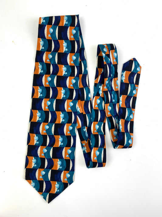Front of: 90s Deadstock Silk Necktie, Men's Vintage Teal/ Purple/ Orange Geometric Pattern Tie, NOS