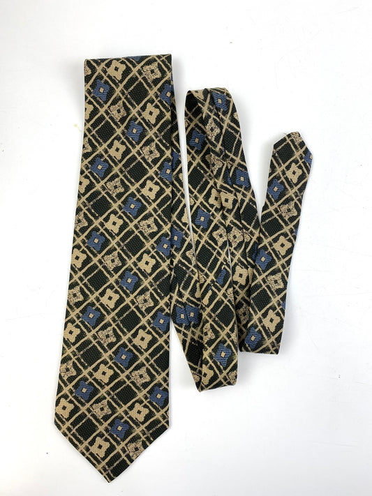 Front of: 90s Deadstock Silk Necktie, Men's Vintage Green/ Blue Floral Check Pattern Tie, NOS