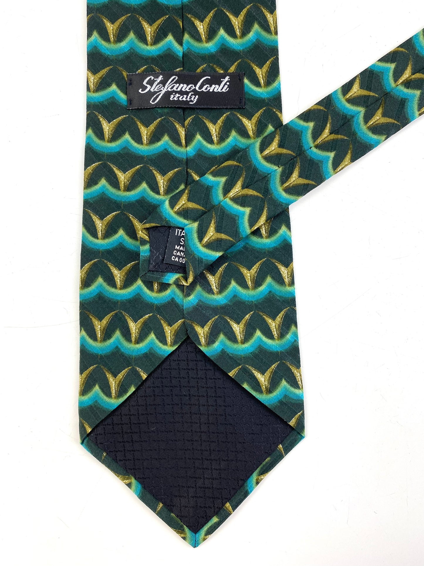 Back and labels of:  90s Deadstock Silk Necktie, Men's Vintage Green Geometric Pattern Tie, NOS