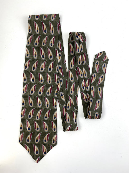 Front of: 90s Deadstock Silk Necktie, Men's Vintage Green Boteh Paisley Pattern Tie, NOS