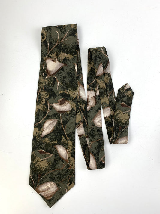 Front of: 90s Deadstock Silk Necktie, Men's Vintage Green/Brown Floral Botanical Pattern Tie, NOS