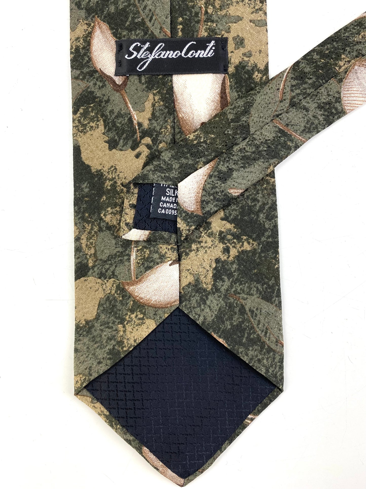 Back and labels of: 90s Deadstock Silk Necktie, Men's Vintage Green/Brown Floral Botanical Pattern Tie, NOS