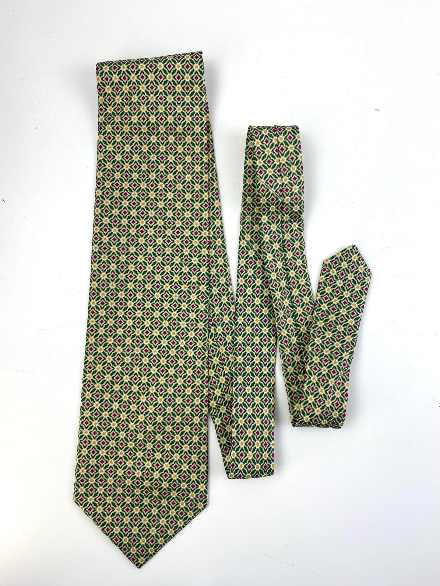 Front of: 90s Deadstock Silk Necktie, Men's Vintage Green/ Purple/ Gold Quatrefoil Floral  Pattern Tie, NOS