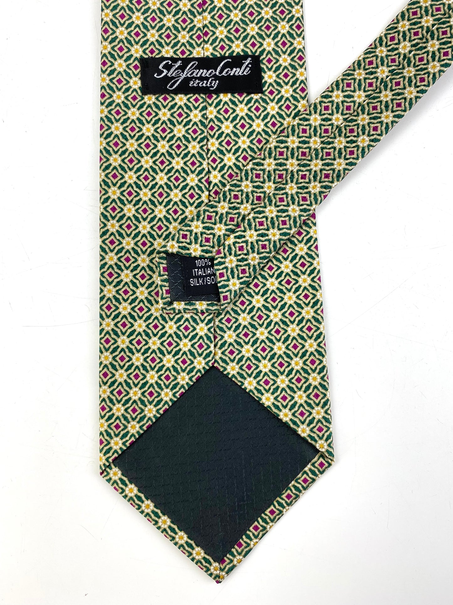 Back and labels of: 90s Deadstock Silk Necktie, Men's Vintage Green/ Purple/ Gold Quatrefoil Floral  Pattern Tie, NOS