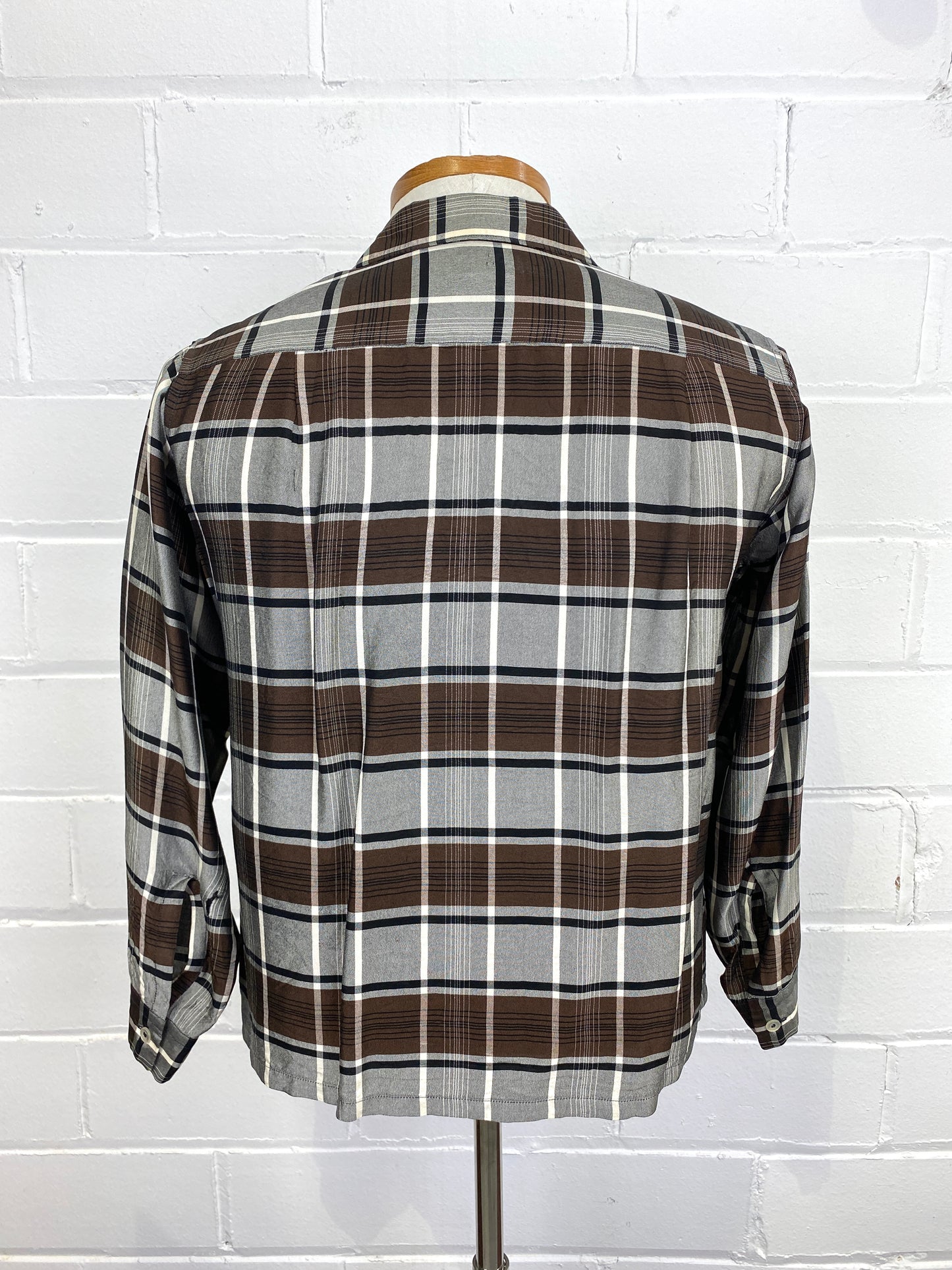 Vintage 1950s Penney's Towncraft Men's Brown Rayon Plaid Loop Collar Shirt, 15.5