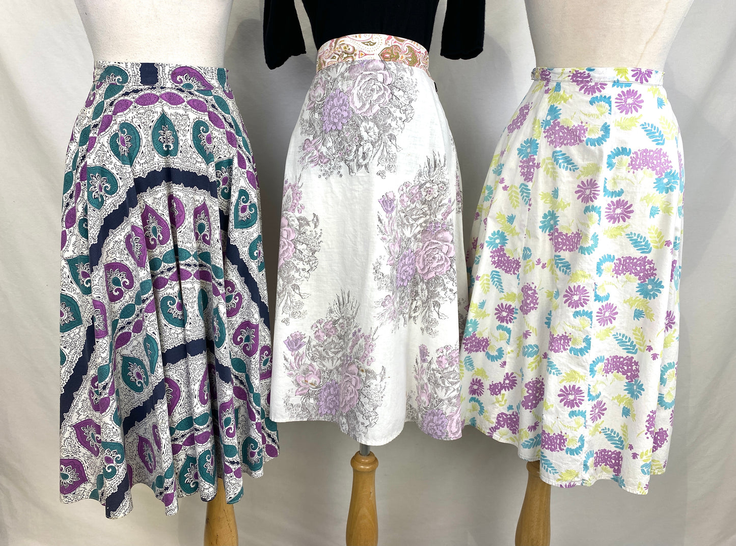 3 full circle skirts with 50s prints. Ian Drummond Vintage. 