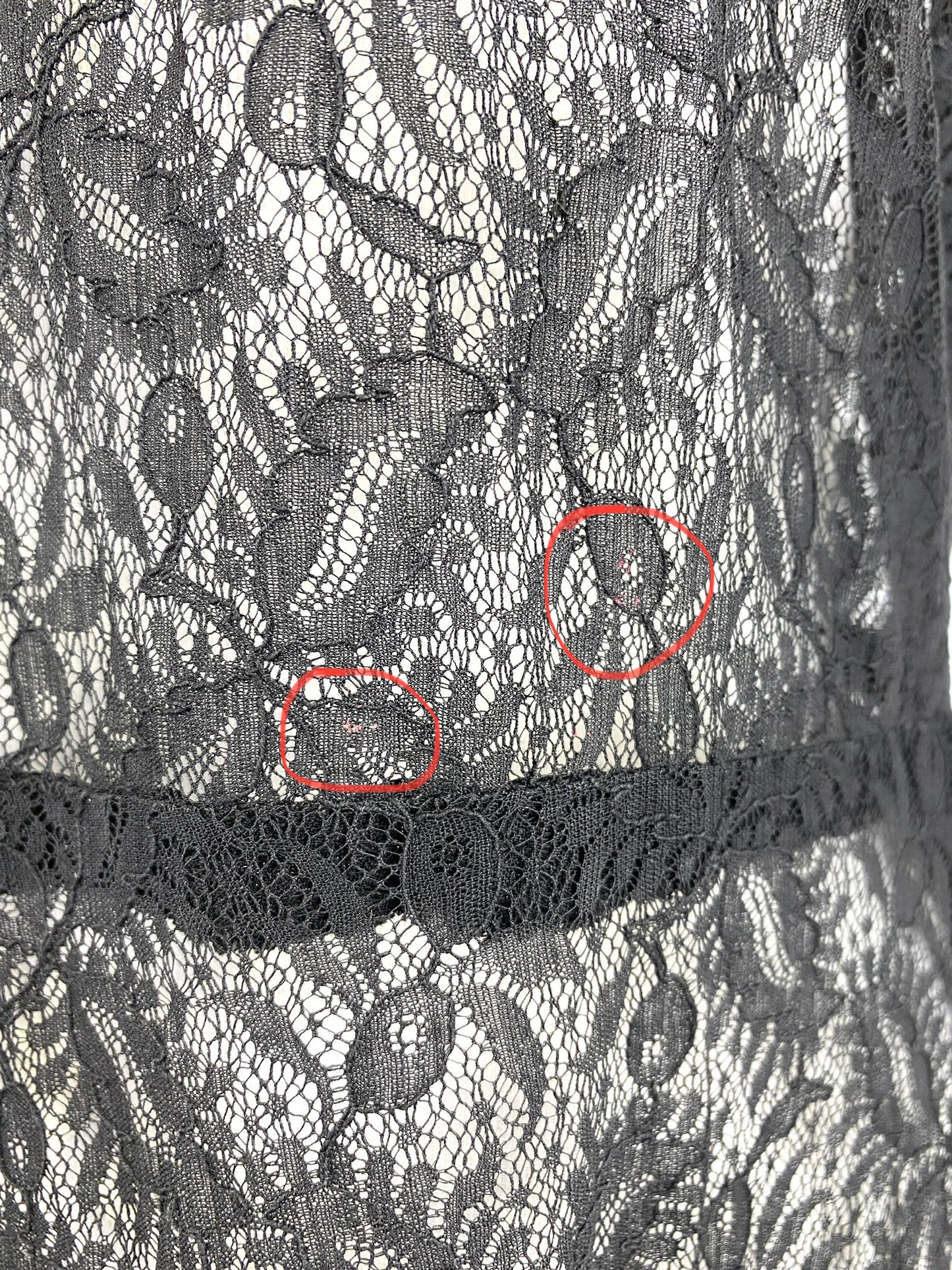 Condition issues: red marks on 1960s black lace dress. Ian Drummond Vintage. 