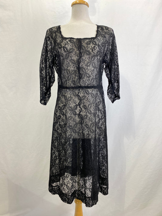 Front of 1960s black lace 3/4 sleeve dress. Ian Drummond Vintage. 