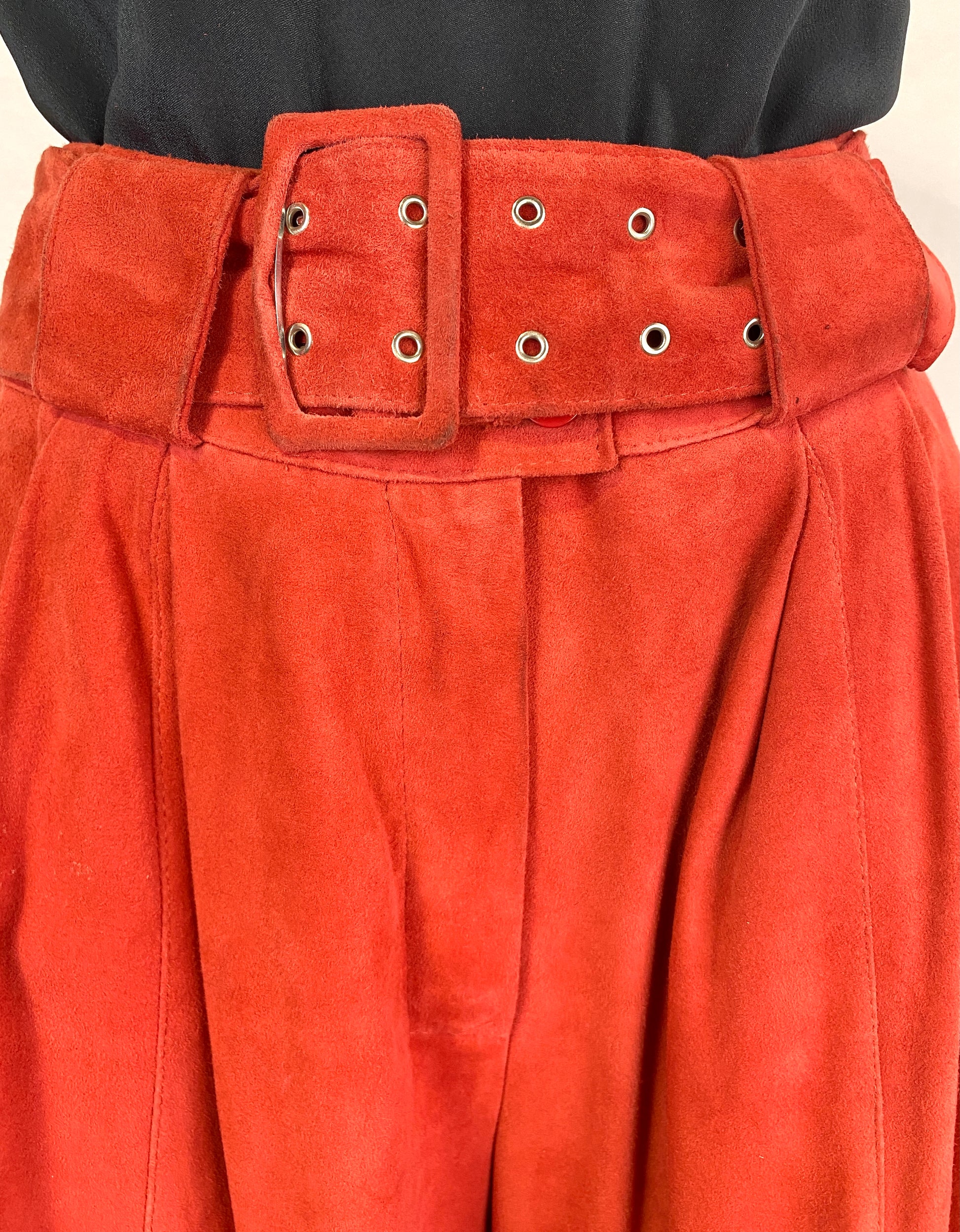 Close-up of closed fly front and belt on Marc Cain 90s suede shorts. Ian Drummond Vintage. 