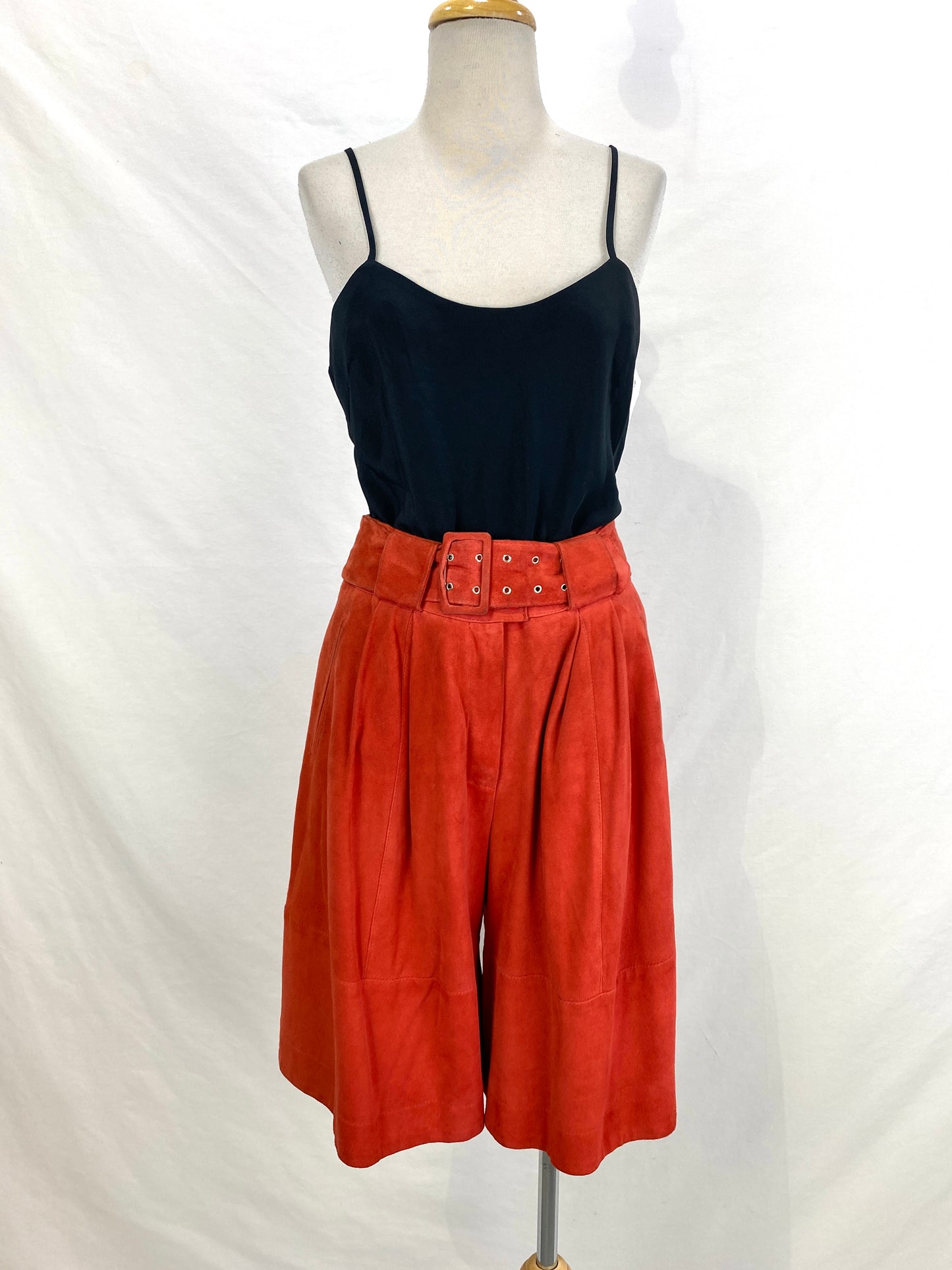 Front of 1990s rust suede shorts on mannequin. Ian Drummond Vintage. 