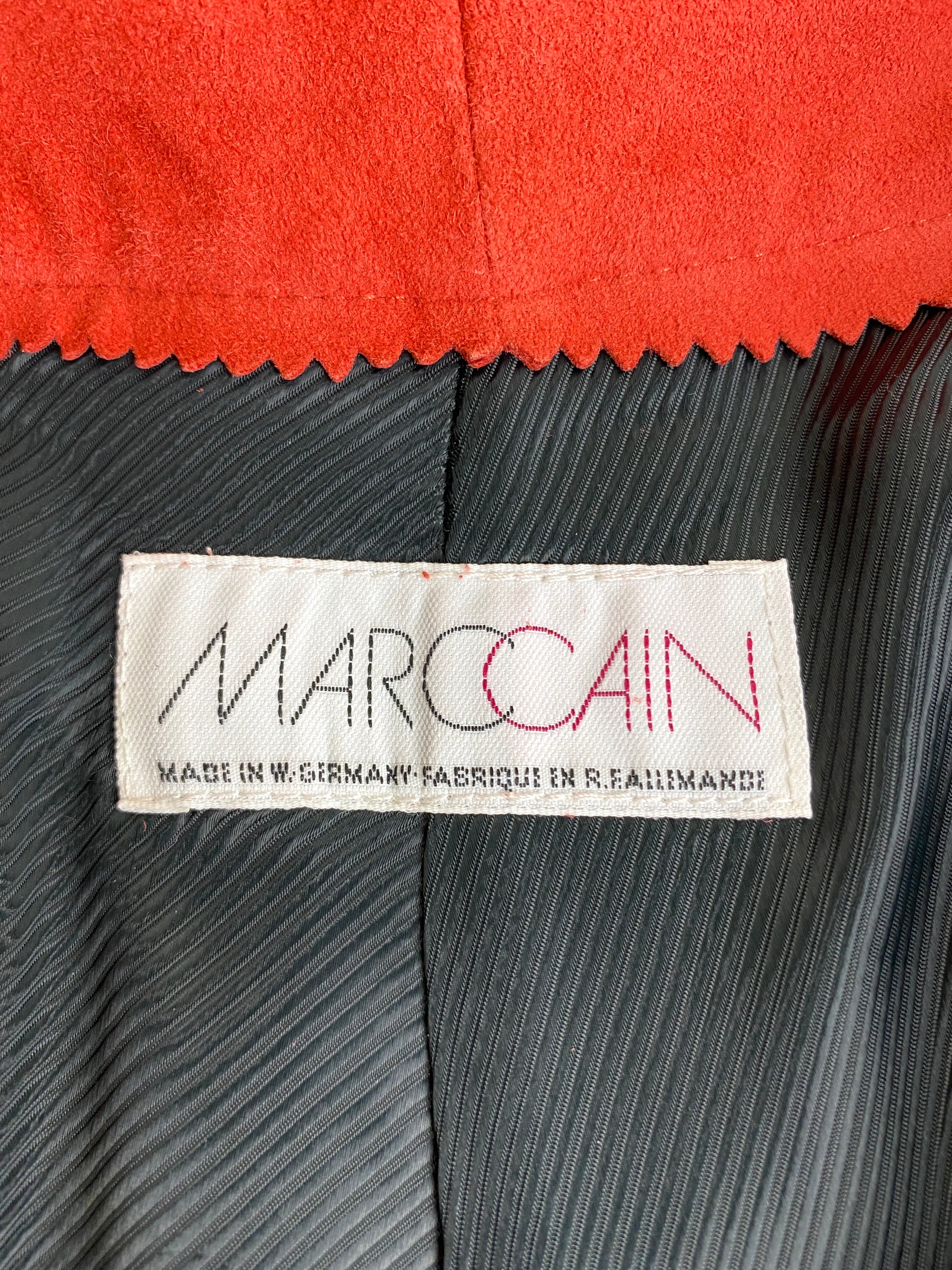 Marc Cain Made in Germany label on 90s rust suede shorts. Ian Drummond Vintage.