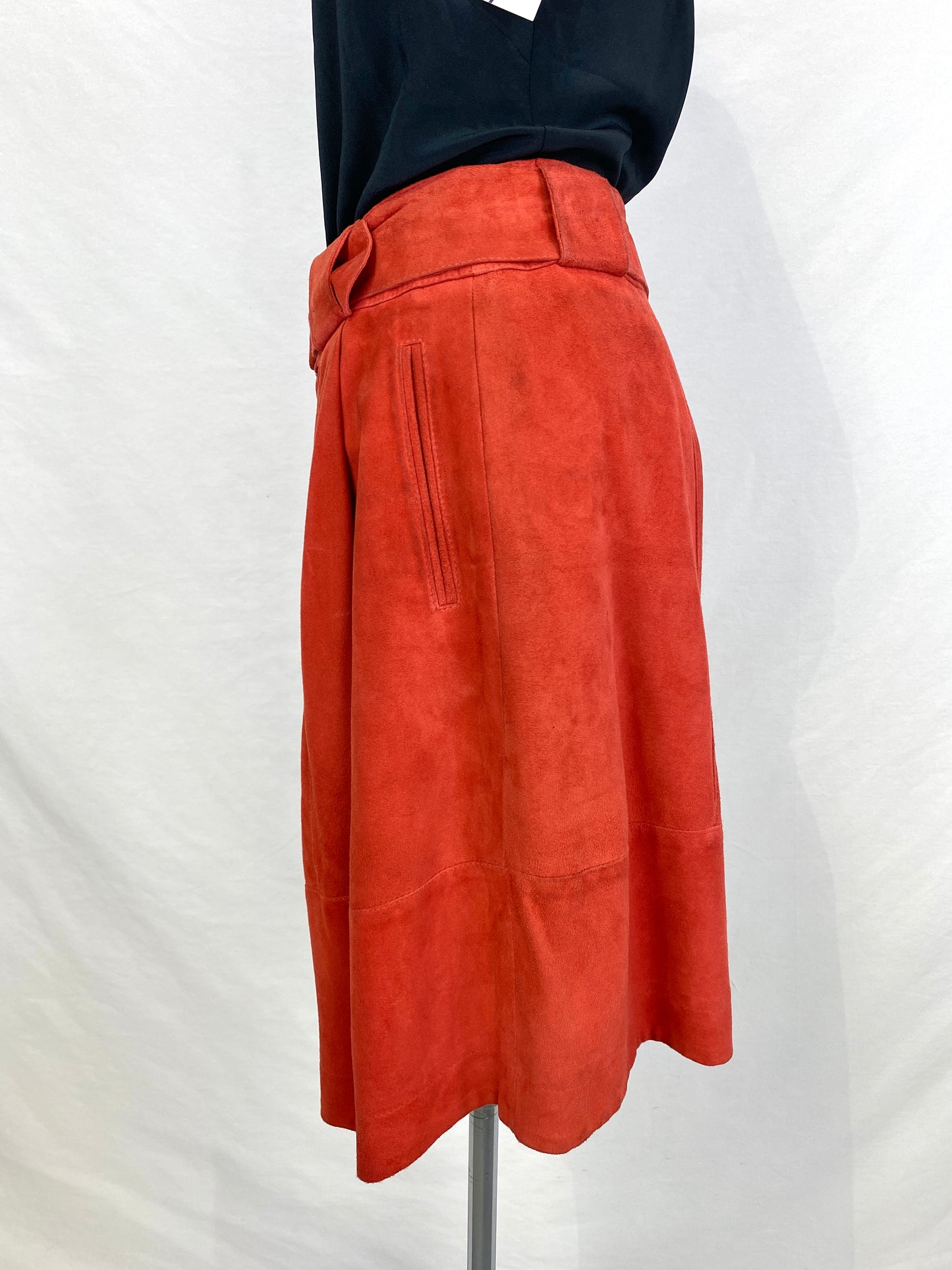 Side view of Marc Cain rust suede shorts. Ian Drummond Vintage. 