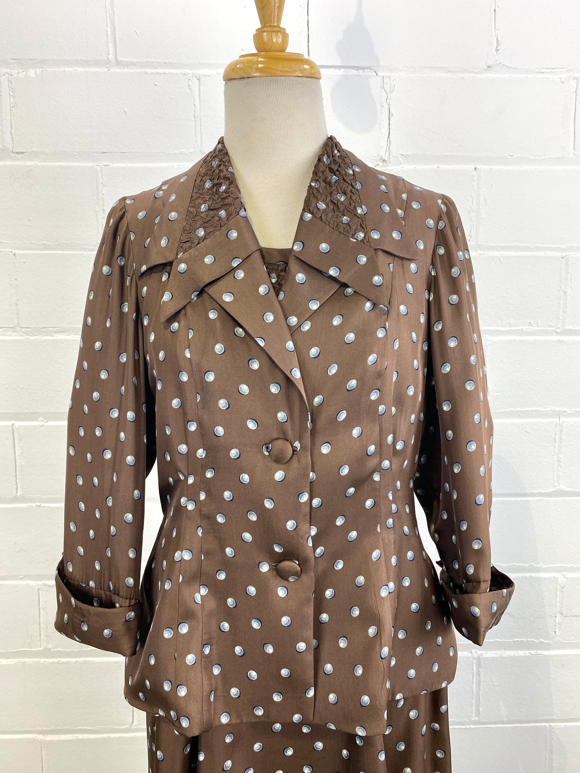 Vintage 1950s Brown Polka Dot Silk 2 Piece Dress & Jacket, Florence Vingst,  Medium