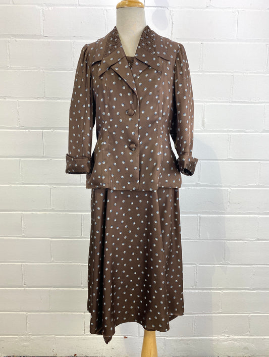 Brown silk 1950s polka dot dress and jacket. Ian Drummond Vintage. 