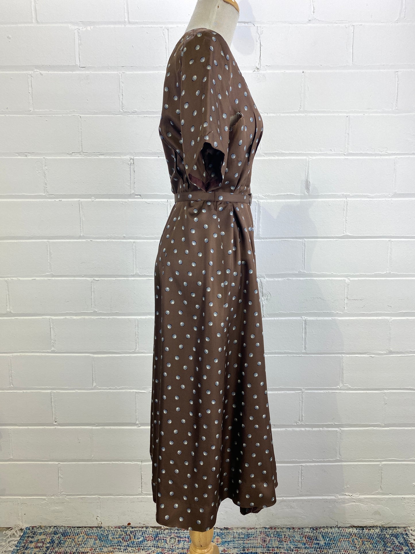 Right side view of 50s brown silk polka dot dress. Ian Drummond Vintage. 