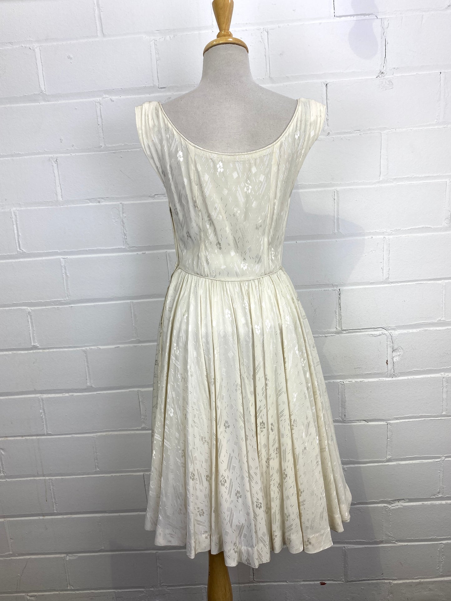 Vintage 1950s White Jacquard Tea Dress with Full Skirt, Small
