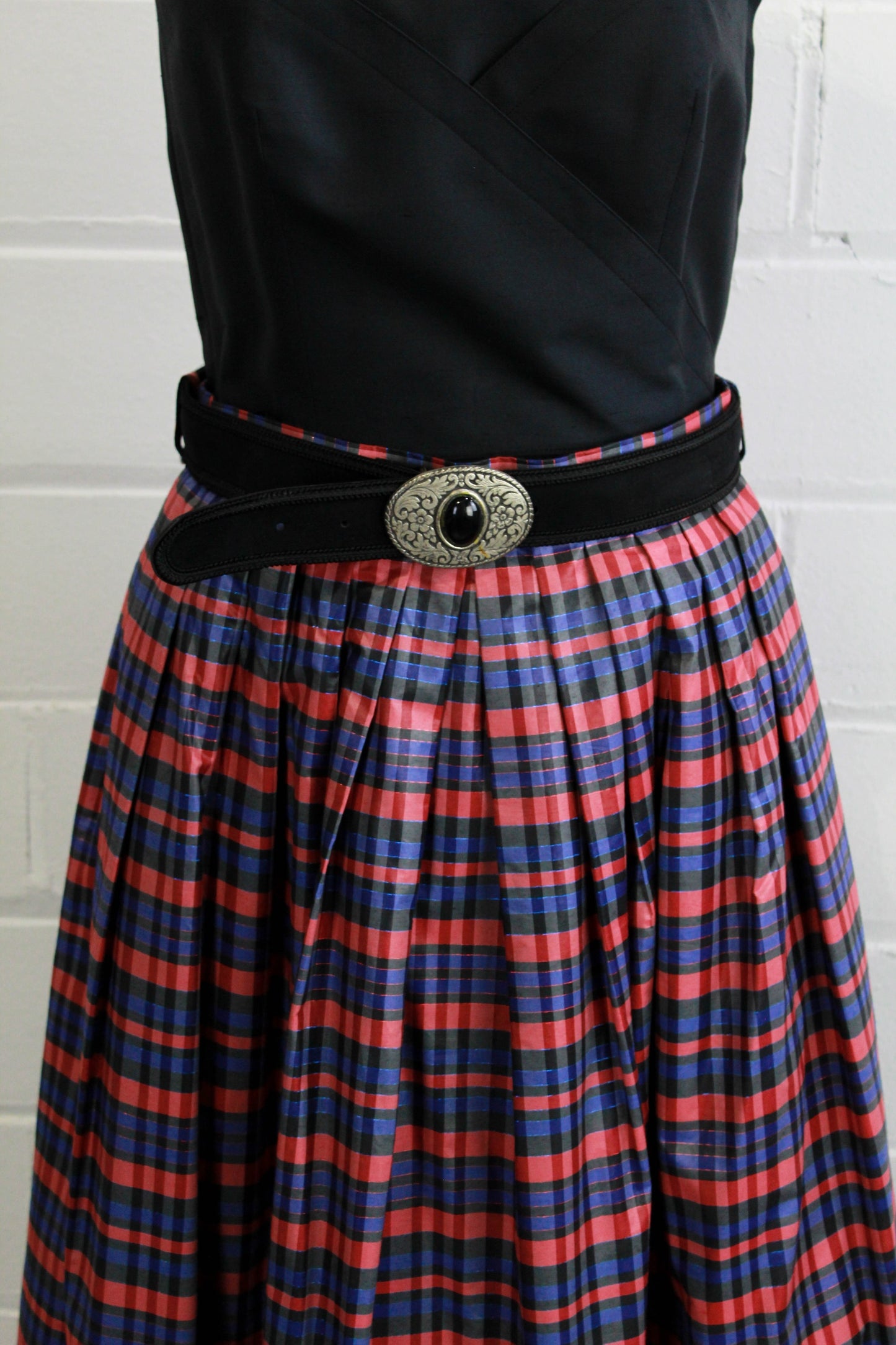 1980s austrian dirndl maxi skirt with belt, blue and red plaid taffeta, pockets