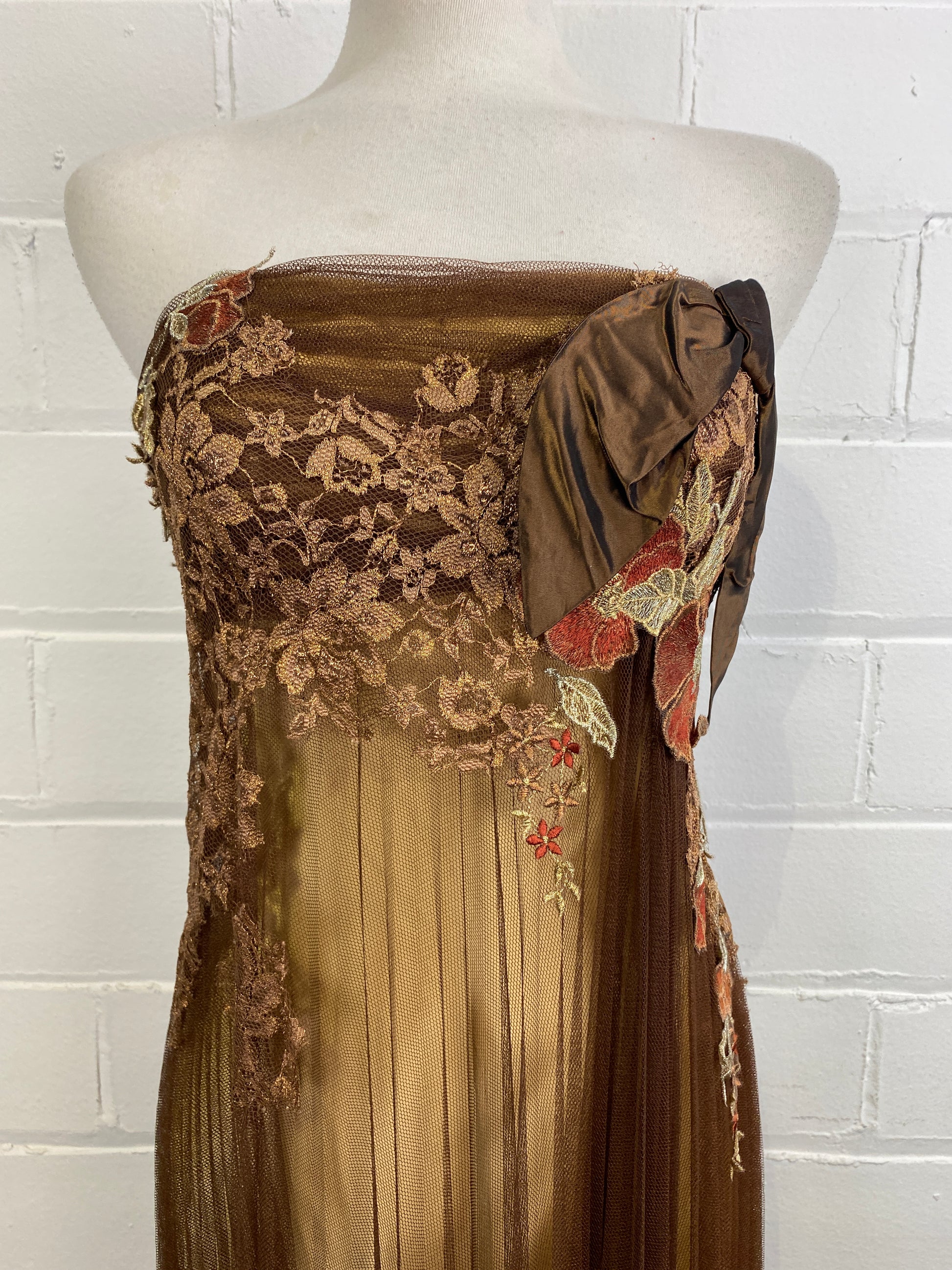 Vintage 1990s Autumnal Bronze/ Gold Silk Tulle Evening Gown, Medium, Doubles