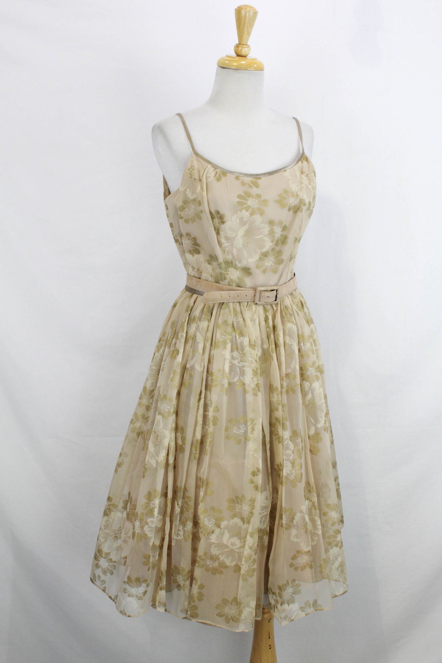 1950s Taupe Floral Print Chiffon Party Dress, Full Skirt Gathered with Matching Belt, Vintage 50s Womens Fit and Flare, True Vintage, Ian Drummond Vintage