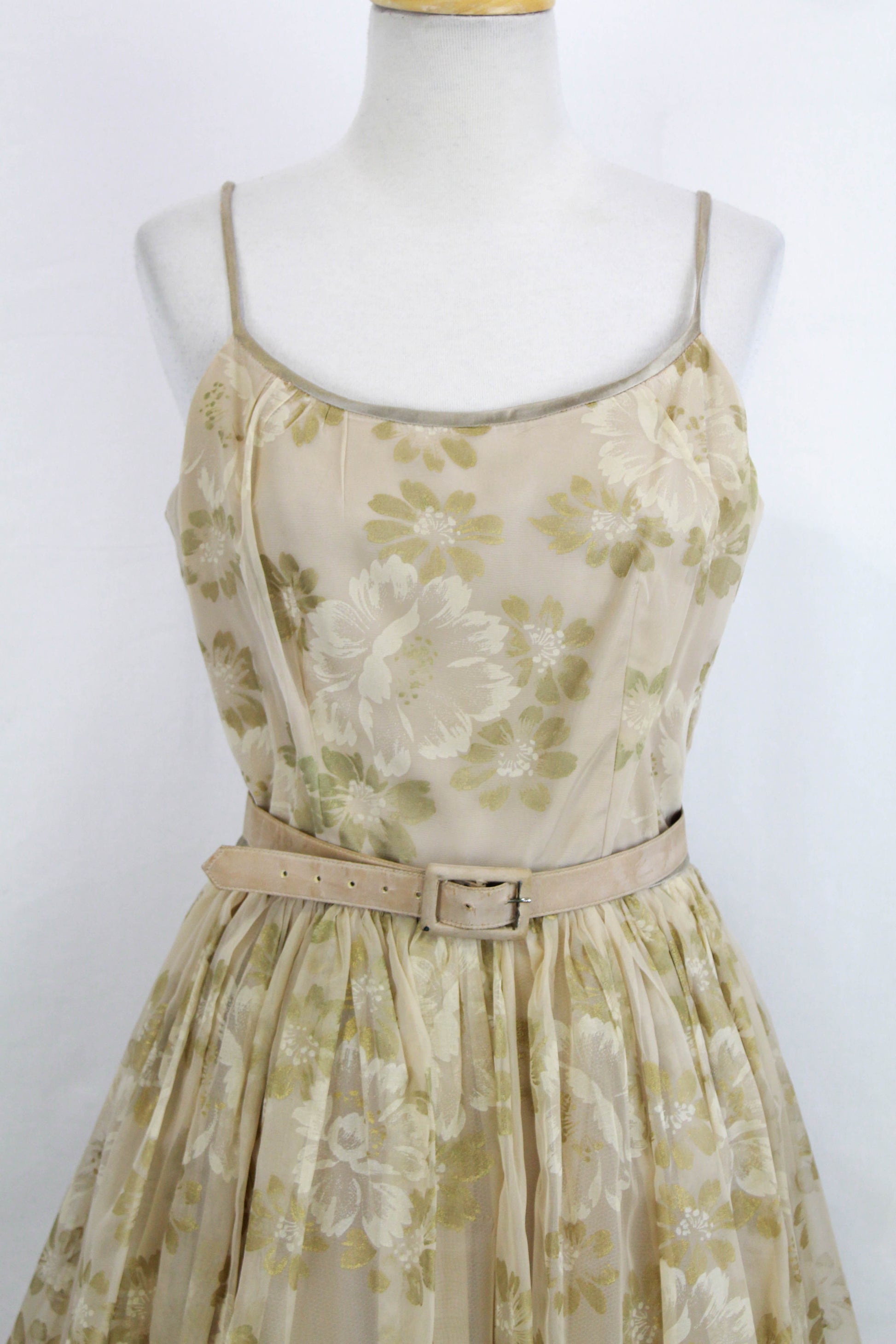 1950s Taupe Floral Print Chiffon Party Dress, Full Skirt Gathered with Matching Belt, Vintage 50s Womens Fit and Flare, True Vintage, Ian Drummond Vintage