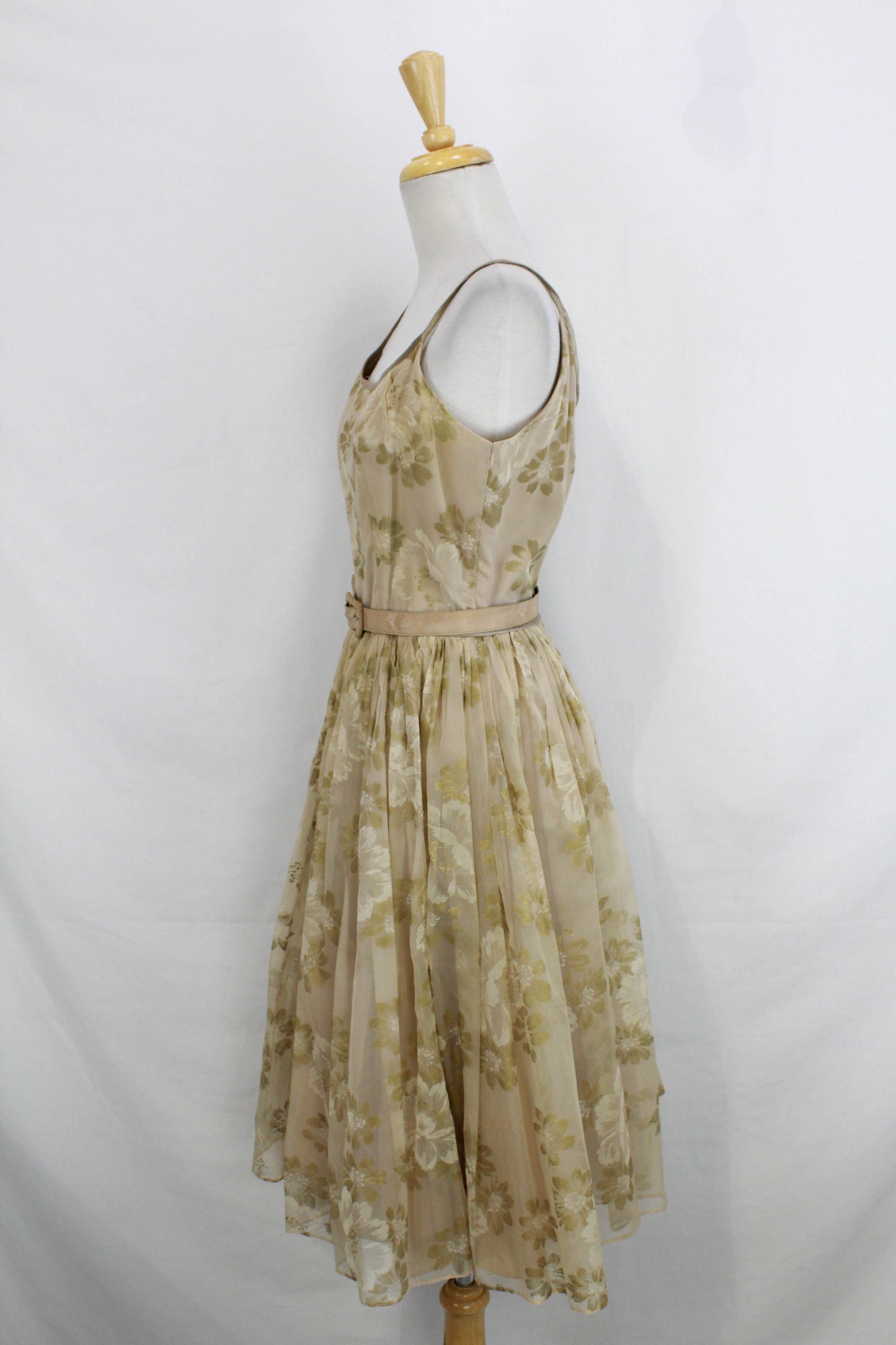 1950s Taupe Floral Print Chiffon Party Dress, Full Skirt Gathered with Matching Belt, Spaghetti Straps, Vintage 50s Womens Fit and Flare, True Vintage, Ian Drummond Vintage
