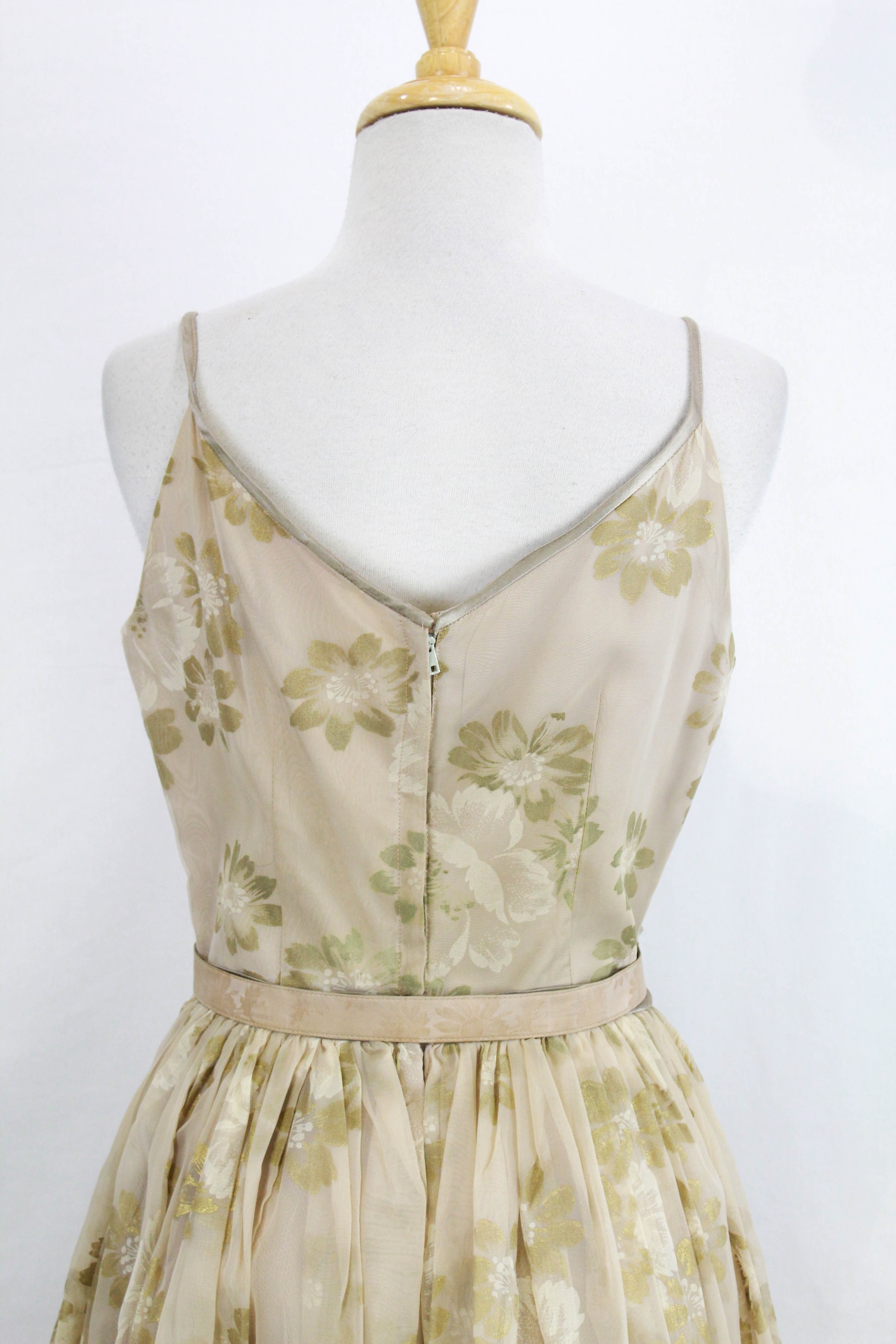  1950s Taupe Floral Print Chiffon Party Dress, Full Skirt Gathered with Matching Belt, Spaghetti Straps, Vintage 50s Womens Fit and Flare, True Vintage, Ian Drummond Vintage